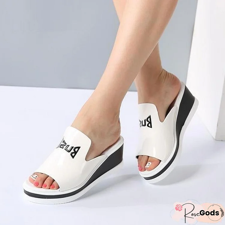 Women Mules Sandals Wedge Platform Patent Leather Slip On High Heels Sandals