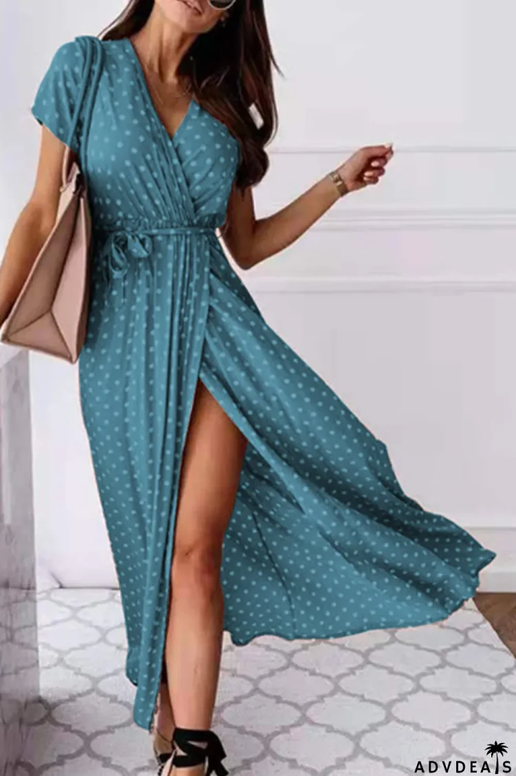 Fashion Elegant Polka Dot Frenulum Slit V Neck A Line Dresses(4 Colors)