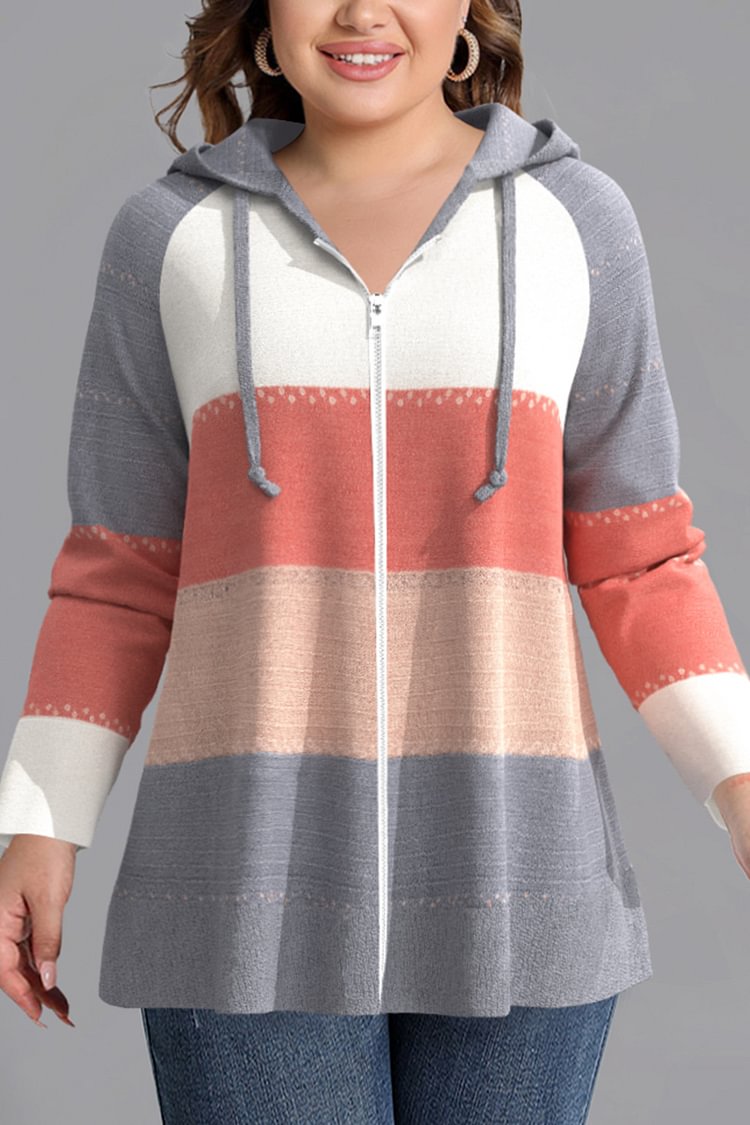 Flycurvy Plus Size Casual Grey Knitted Colorblock Stitching Zipper Hoodie  flycurvy [product_label]