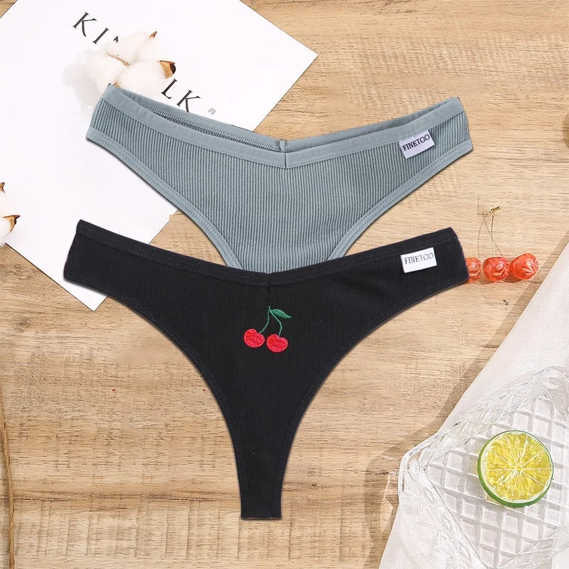 FINETOO 2/3PCS Women Lingerie Fruit Embroidery Panties G-string Sexy Low Rise Cotton Thongs Girl Underwear V-Waist Female Pantys