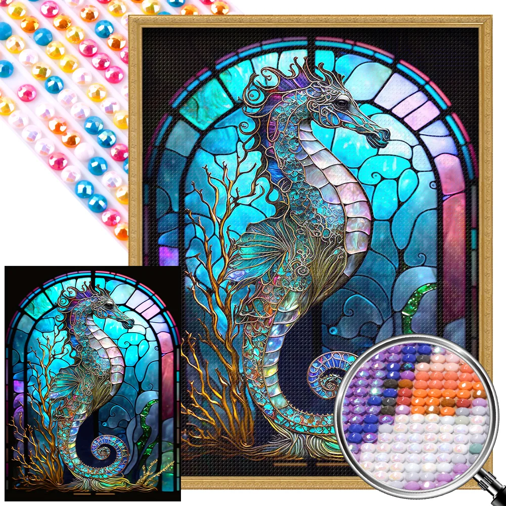 Partial AB Diamond Painting - Full Round Drill - Stained Glass Hippocampus(Canvas|35*45cm)