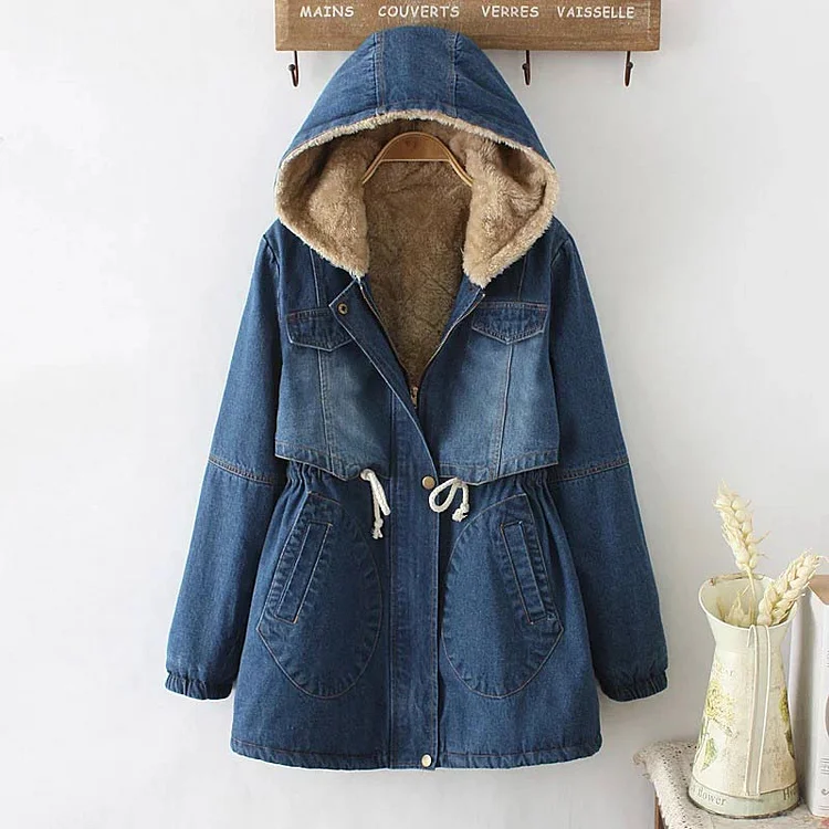 Vintage Lace Up Pocket Hooded Denim Coat - Modakawa Modakawa