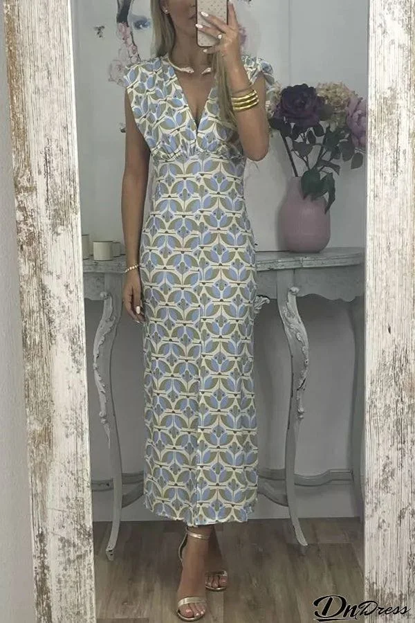 Forever Here Printed Padded Shoulder Front Center Slit Midi Dress