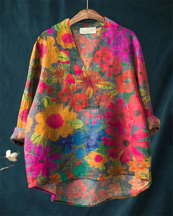 Women's Vintage Flower Art Print Loose V-Neck Cotton And Linen Shirt