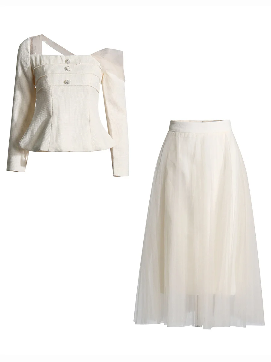 Brownm Fashion Temperament Set Women's Spring 2025 New Net Yarn Stitching Design With Long-Sleeved Body Skirt Suit