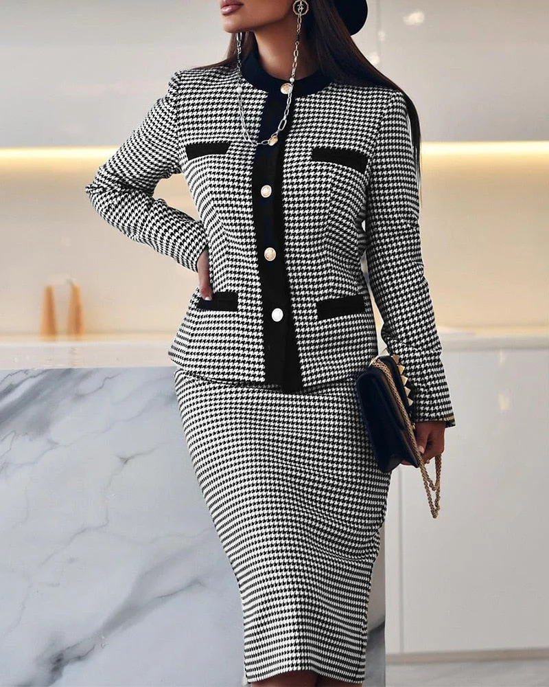 Graduation Gifts  Women's Long Sleeve Checkered Print Set Jacket + Skirt Two Piece Set Casual Office for Female 2022 Spring and Autumn Fashion New