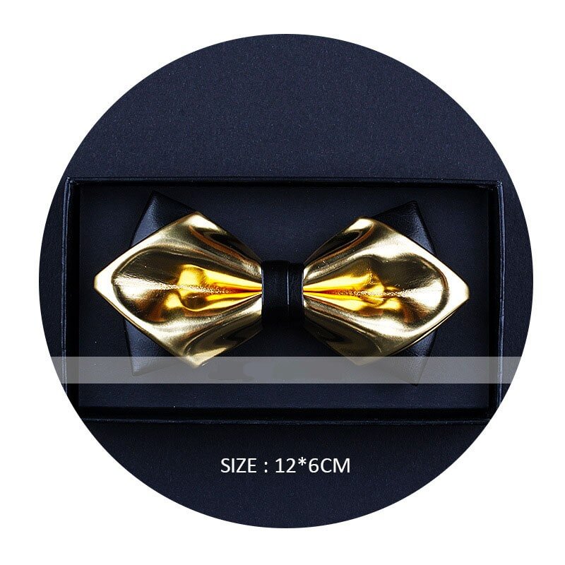 Exclusive Designer Fashionable Gold  Pu Leather Pointed Luxury Bow Tie Bright Nightclub Bowtie Gifts for Men Accessories