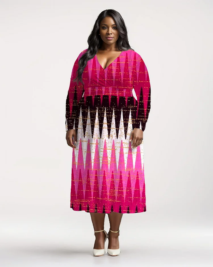 Plus Size Women's Ethnic Prints Long Sleeve V Neck Dress