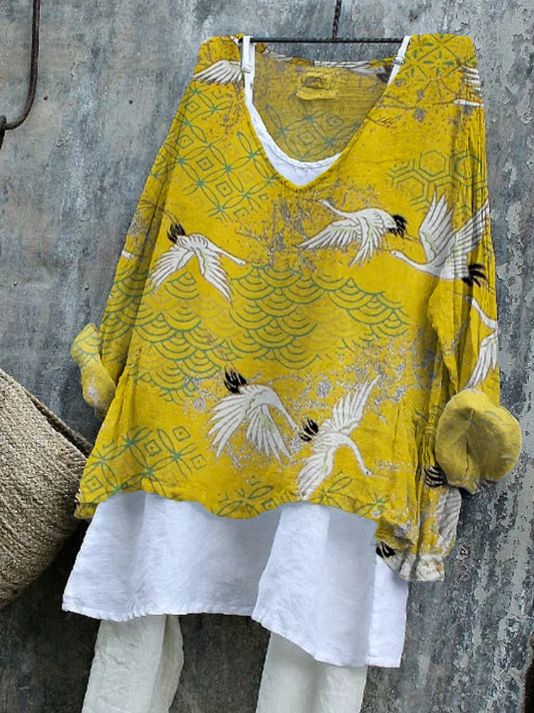 Flying Cranes Japanese Traditional Pattern Linen Blend Tunic