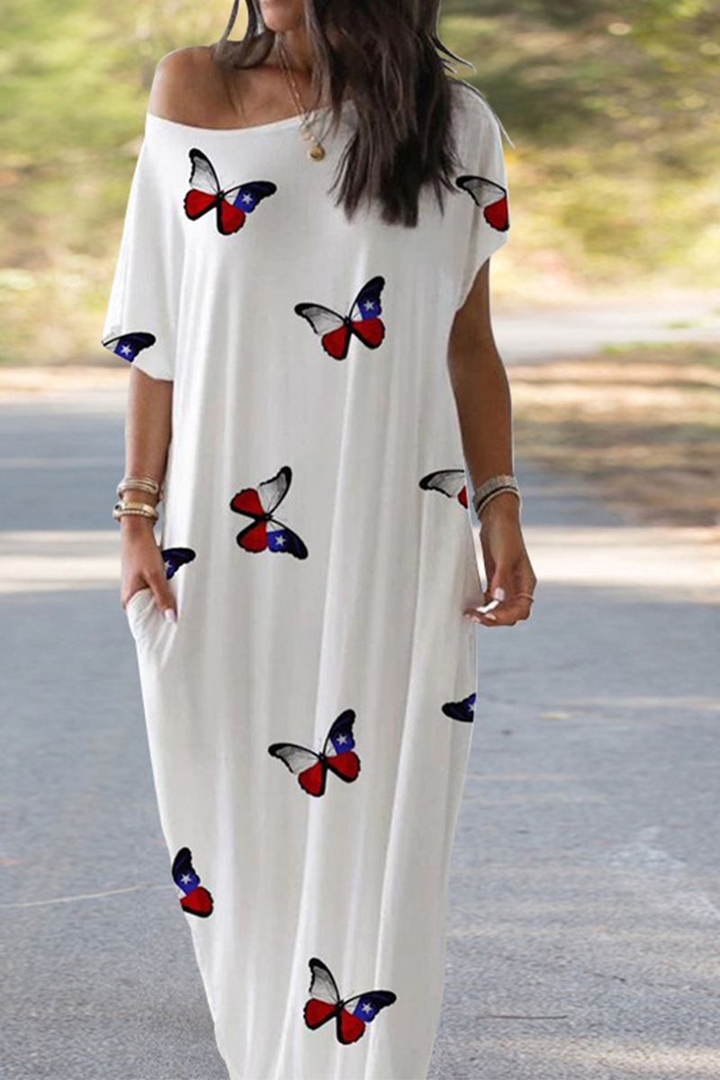Casual Print Split Joint One Shoulder Straight Dresses(4 Colors)