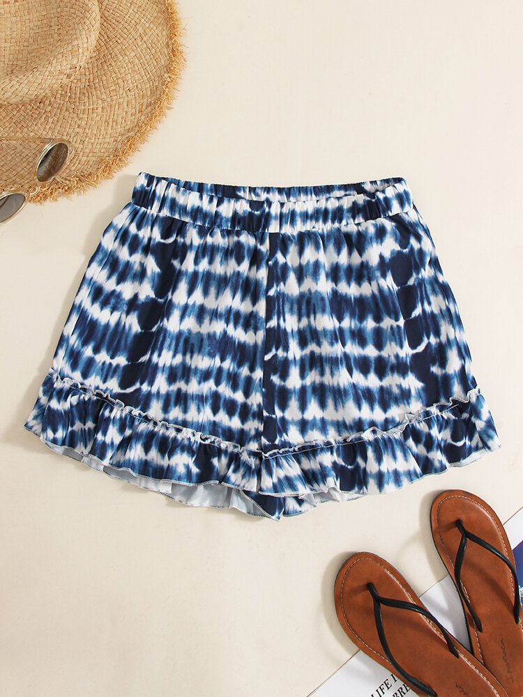 Tie Dye Wave Print Ruffle Hem Elastic Waist Shorts - Shop Trendy Women's Clothing | LoverChic