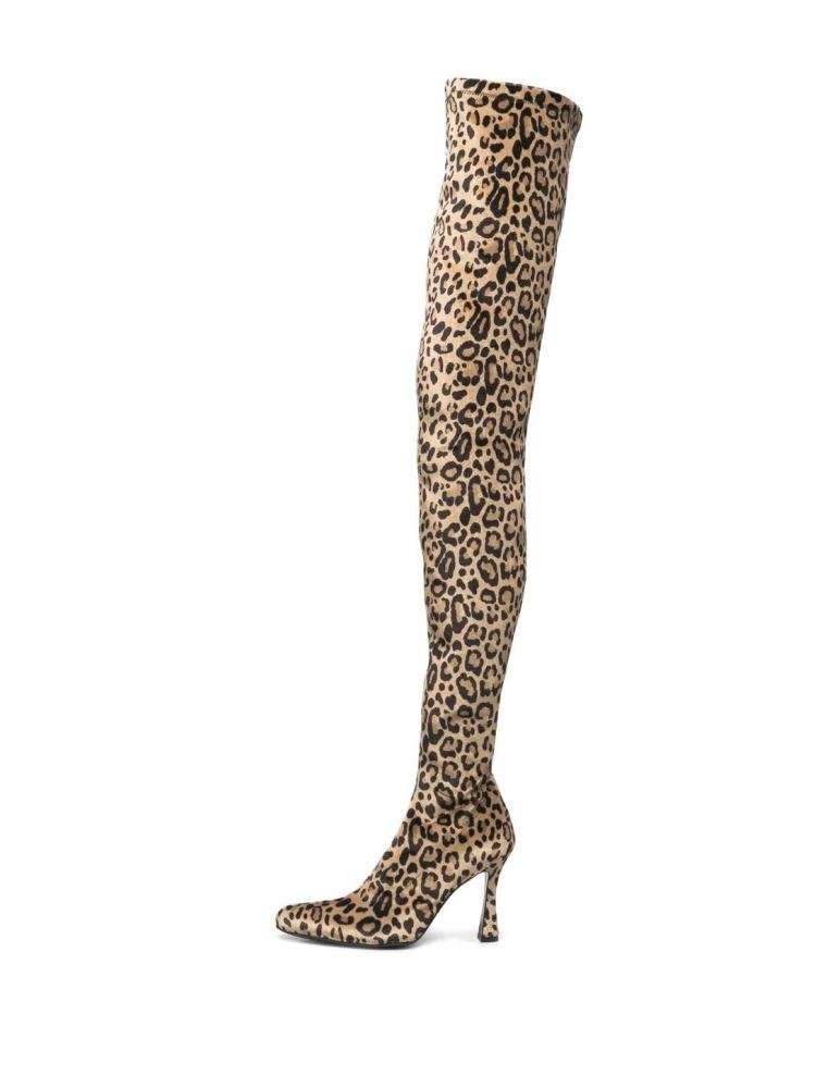 Leopard Print Round Toe Flared Heel Over The Knee Thigh High Boots