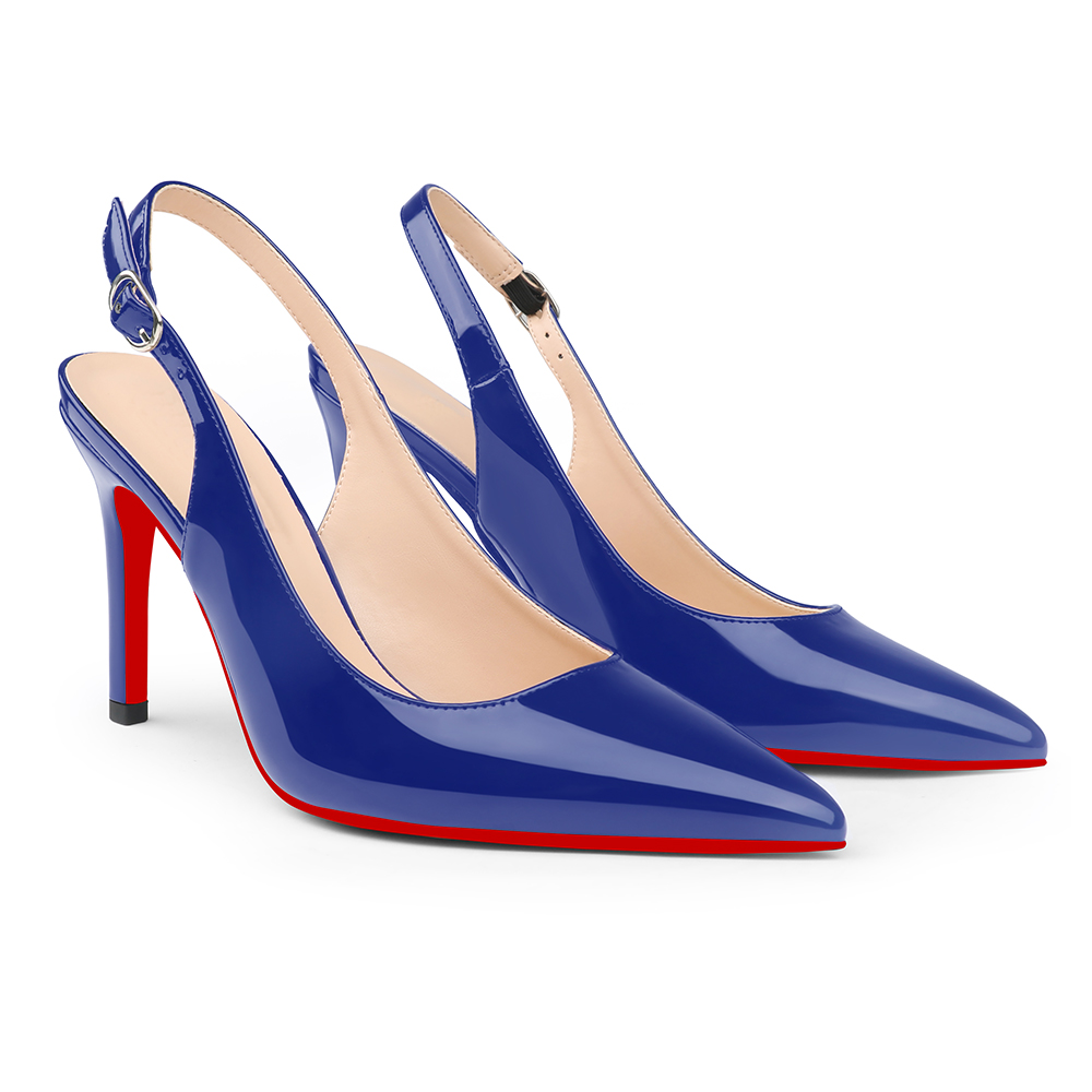 90mm Women's Pointed Toe Slingback Heels Red Bottoms Pumps Comfortable Dress Shoes-vocosishoes