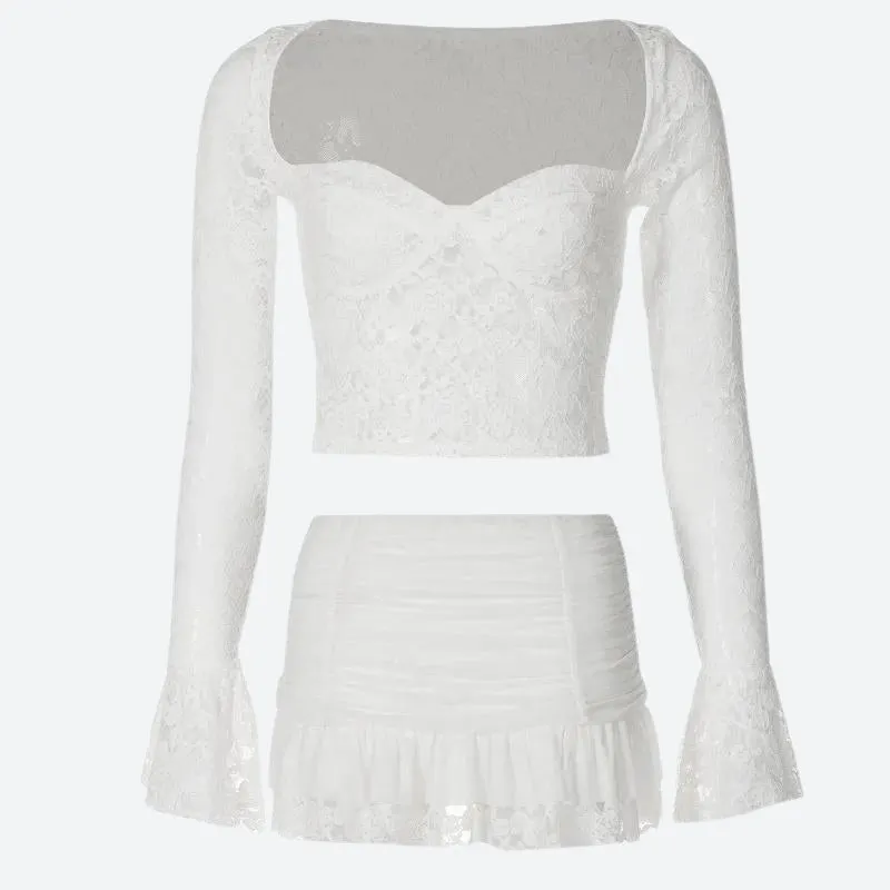 Brownm Lace Top & Ruched Mini Skirt Two Piece Set