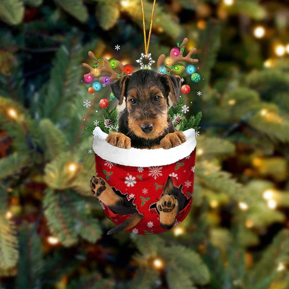 Airedale Terrier In Snow Pocket Christmas Ornament.