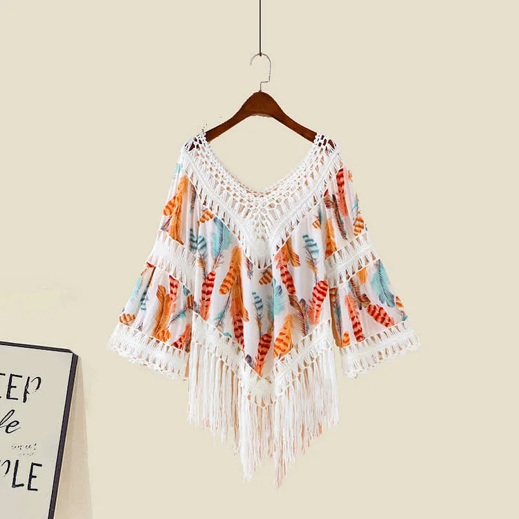 Boho Print V-neck Fringed Hollow Out Shirt Pleated Skirt Slip Dress - Modakawa modakawa