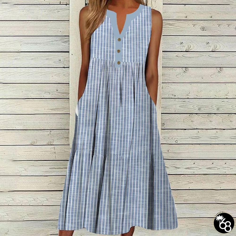 Blue Striped Sleeveless Midi Dress | 168DEAL