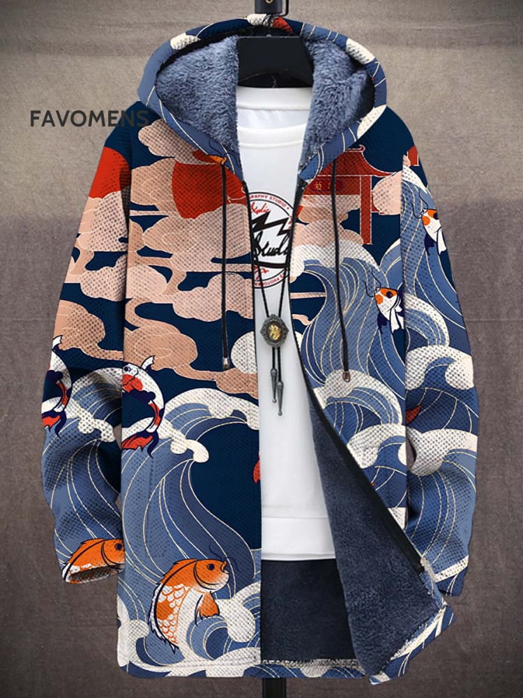 Vintage Japanese Style Mount Fuji Koi Art Print Unisex Plush Thick Long-Sleeved Sweater Cardigan