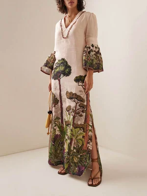 Image of Flared Sleeves Loose Leaves Print V-Neck Maxi Dresses