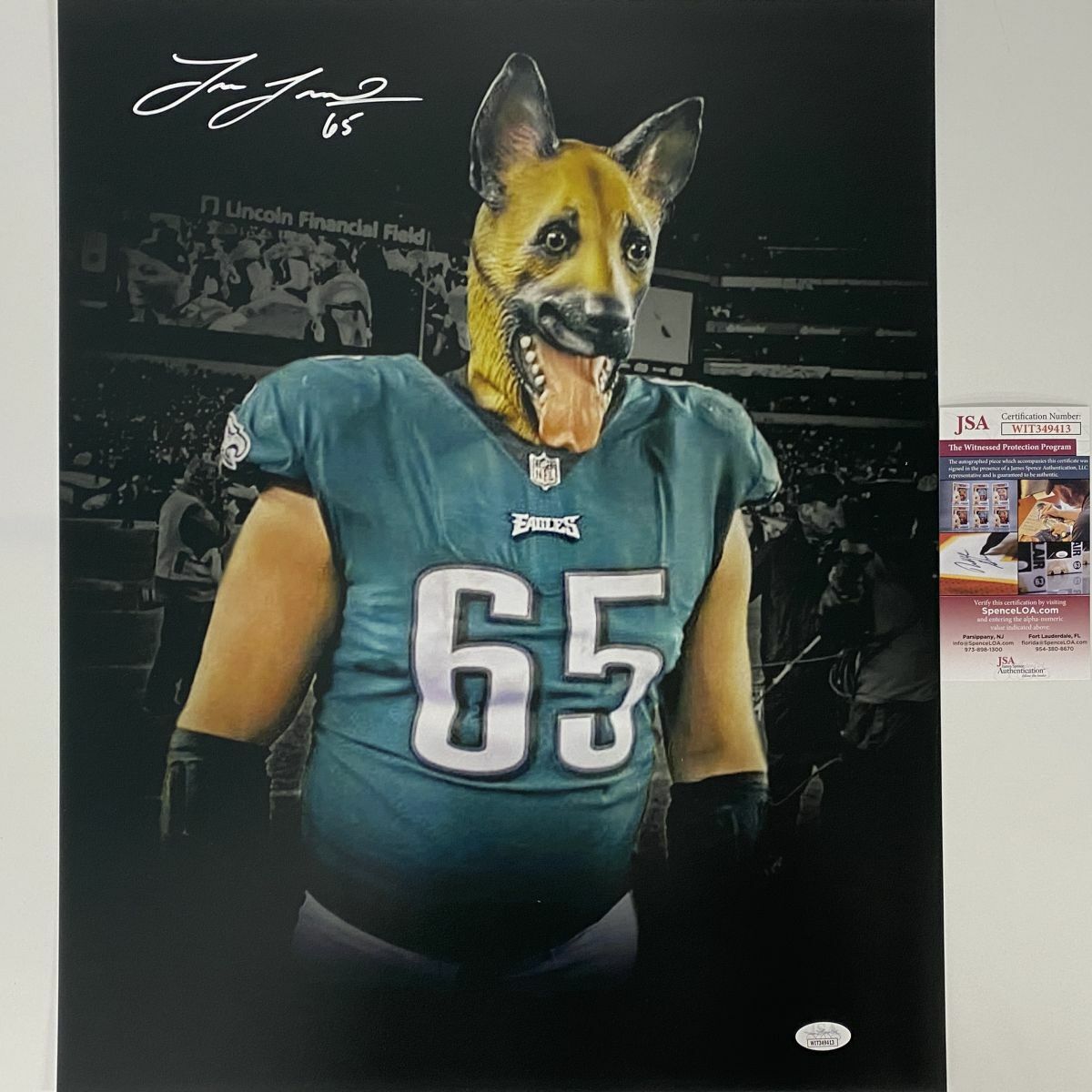 Autographed/Signed LANE JOHNSON Philadelphia Eagles Dog Mask 16x20 Photo Poster painting JSA COA