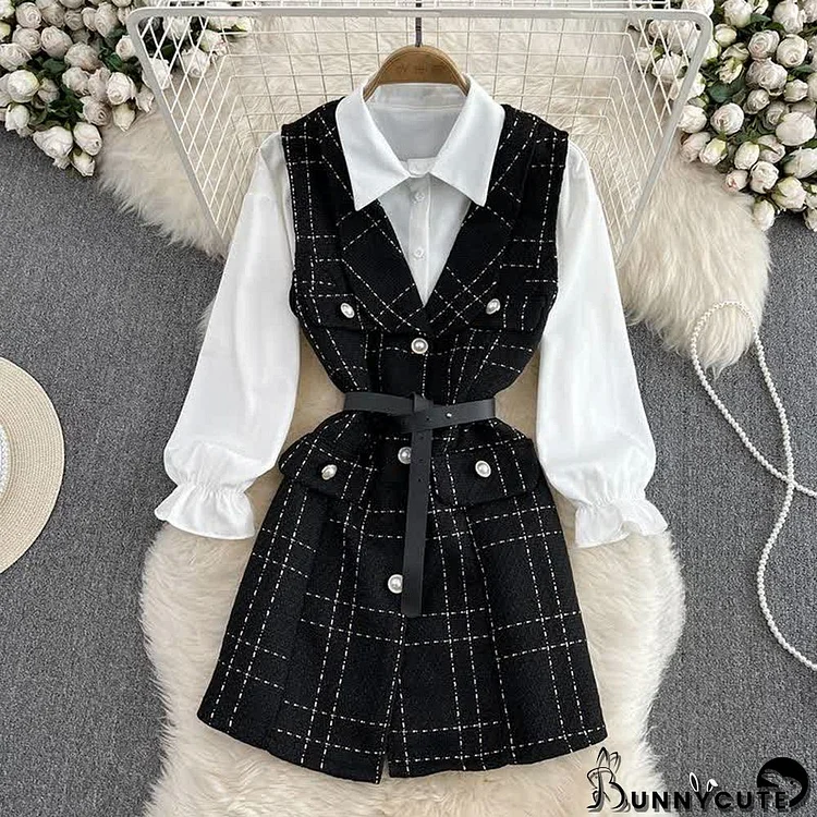 Lattice Print Belted Vest Long Sleeve Shirt Two Pieces Set