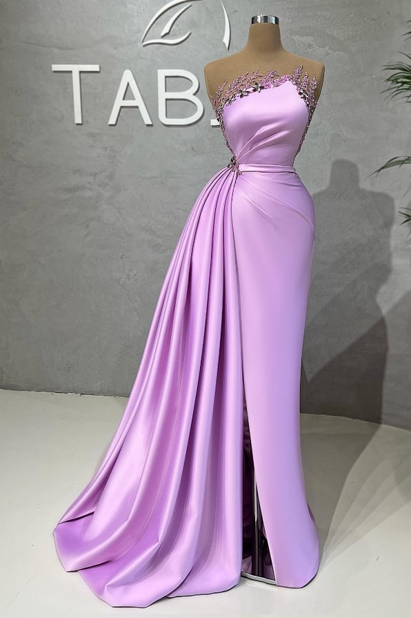Daisda Chic Sleeveless Mermaid Beading Strapless Lilac Prom Dress with Split