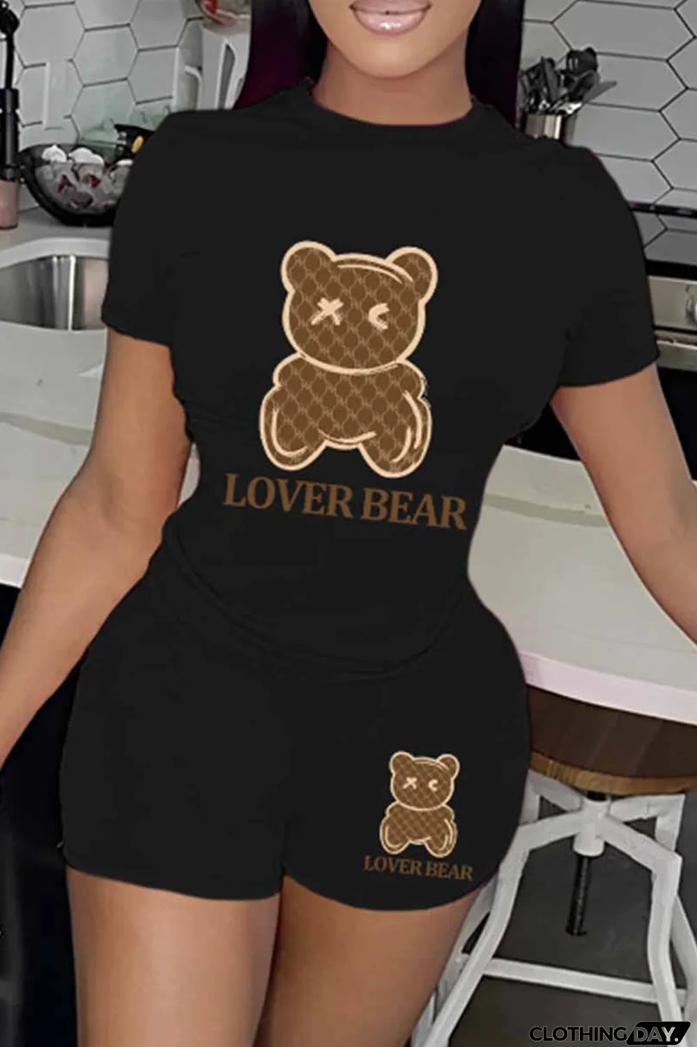 Purple Casual Print Letter O Neck Short Sleeve Two Pieces