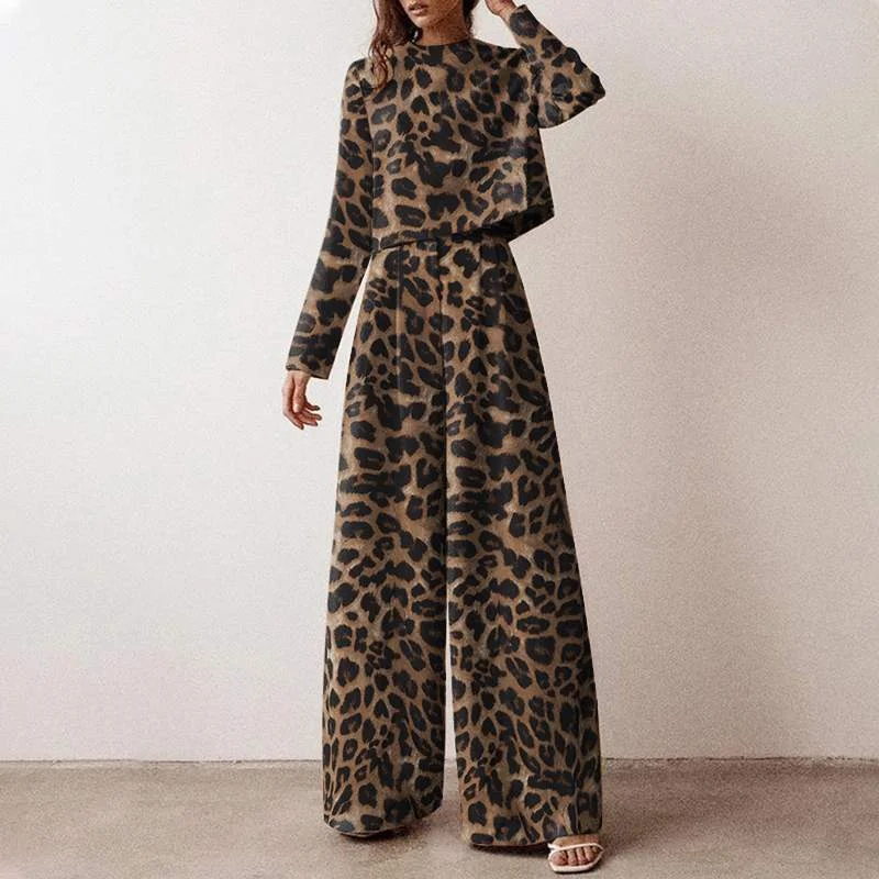 2PC Fashion Leopard Printed Sets ZANZEA Women's Autumn Long Sleeve Matching Sets Casual Loose Urban Tracksuit Wide Leg Pant Sets