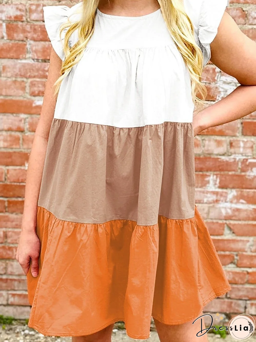 Apricot Colorblock Patchwork Ruffle Tiered Mini Dress