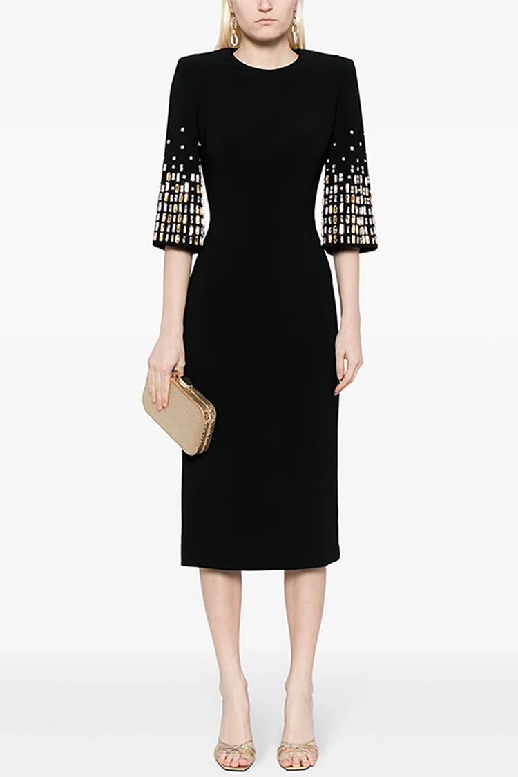 Half Sleeve Rhinestone Cuff Midi Dress-Black