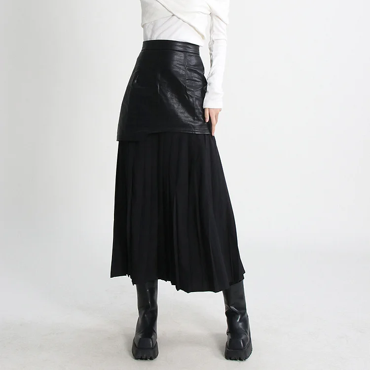 Street Style PU Leather Splicing High Waist Skirt