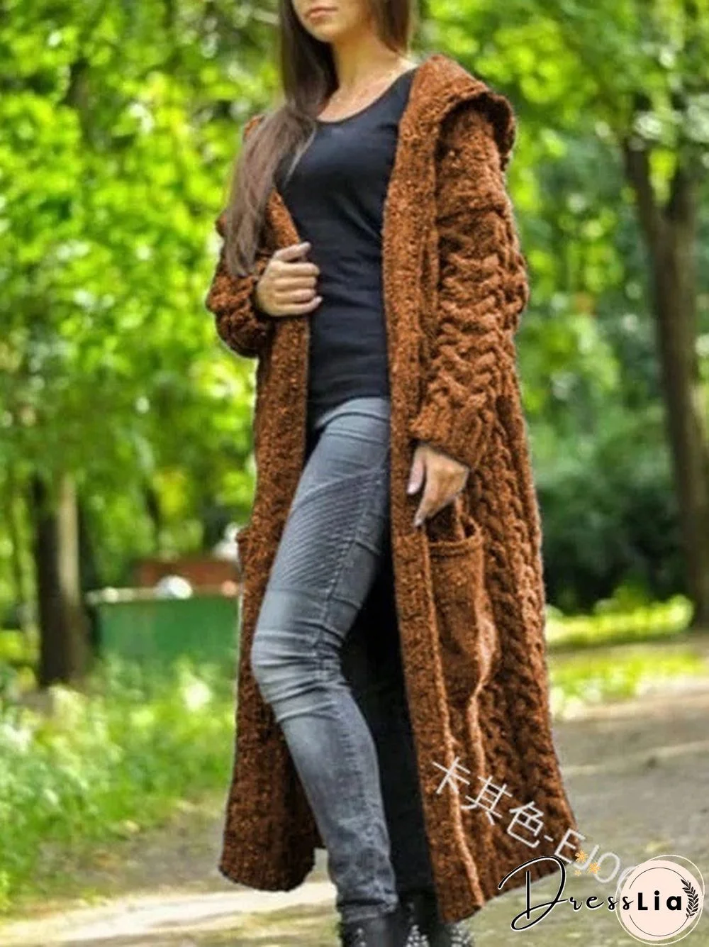 Hooded Solid Knitted Long Cardigan Twist Sweater Coat