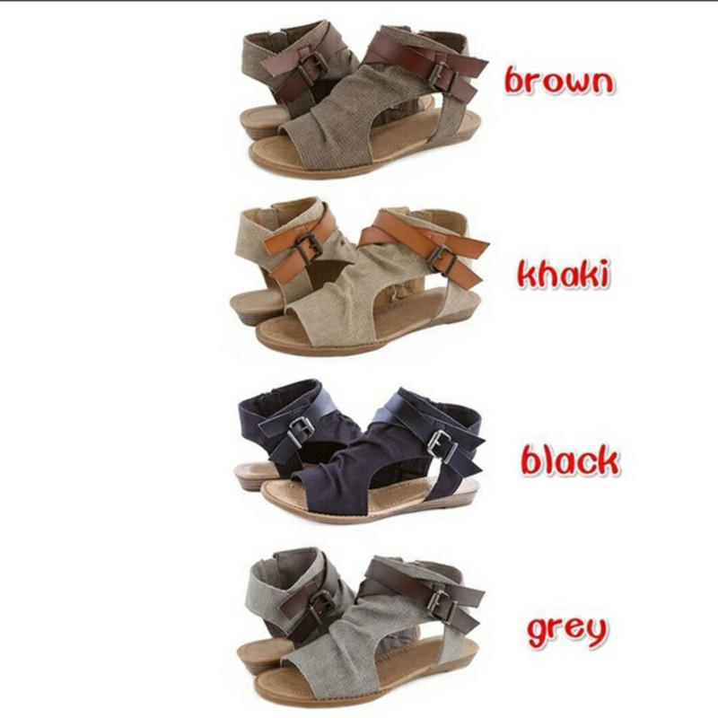 TAAFO Belt Buckle Cowboy Cloth Roman Low Wedge Heel Open Toe Flat Sandals