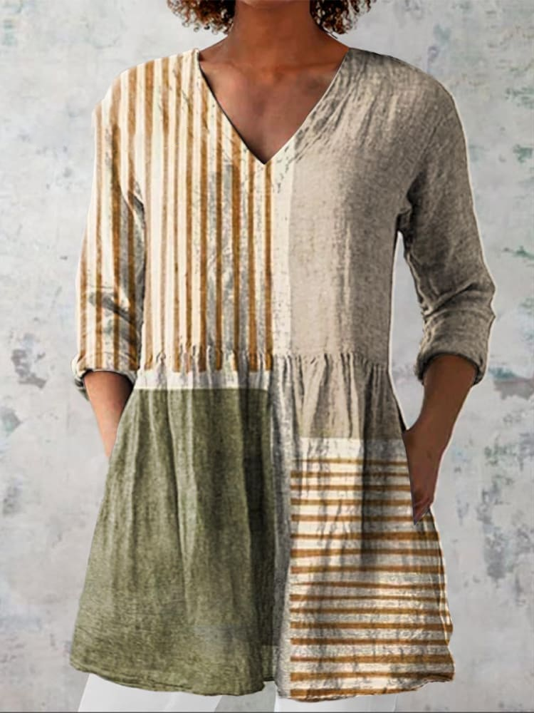 Womens  Simple Artistic Geometric Line Pattern Casual Linen V-Neck Shirt