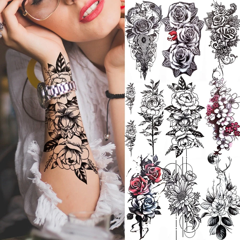 Fake Flower Rose Temporary Tattoos For Women Girl Peony Daisy Deer Moon Tattoos Sticker Black Cluster Body Art Painting Tatoos