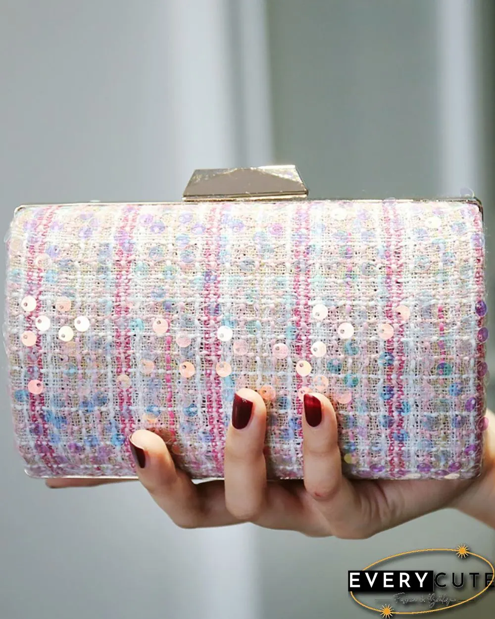 Tweed Sequins Decor Clutch Purse Evening Bags