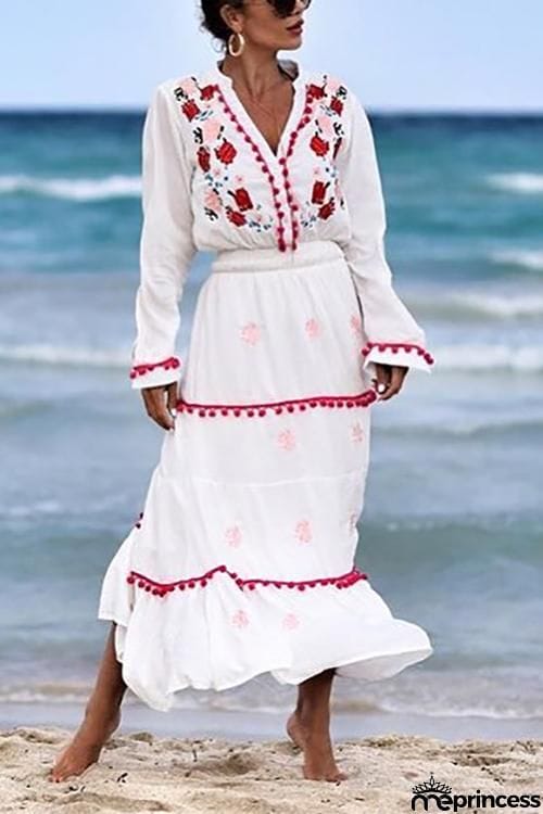 Embroidery Pom Pom Maxi Dress