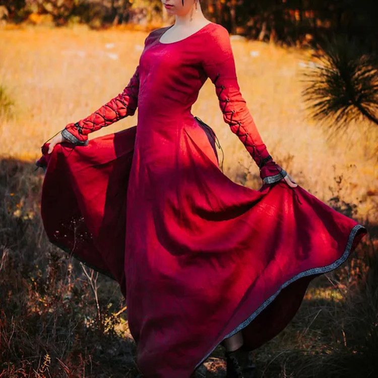 Medieval Waist Round Neck Linen Maxi Dress
