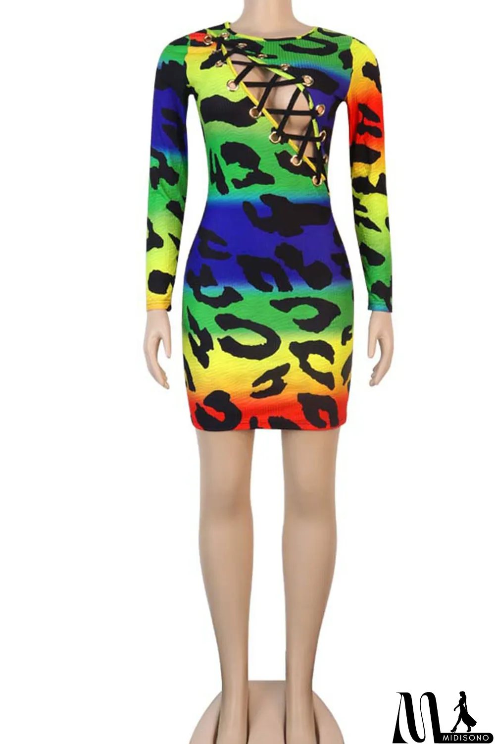 MidiSono - Multi-color Sexy Print Hollowed Out Split Joint Frenulum O Neck Pencil Skirt Dresses
