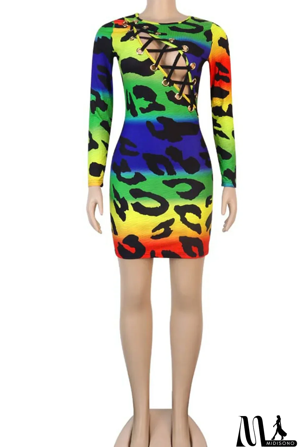 MidiSono - Multi-color Sexy Print Hollowed Out Split Joint Frenulum O Neck Pencil Skirt Dresses