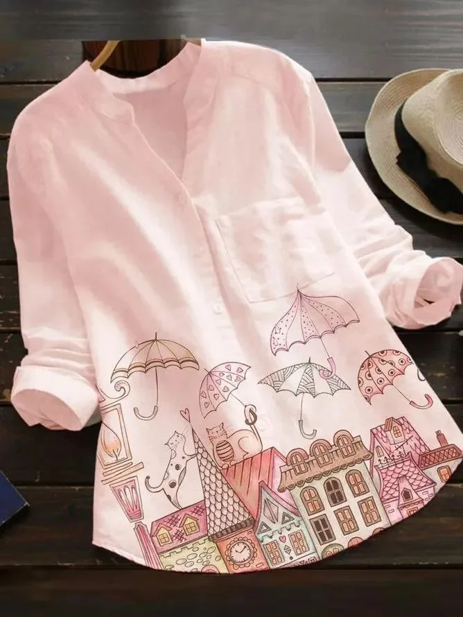 Shirt Collar Cotton-Blend Sweet Shirts & Tops