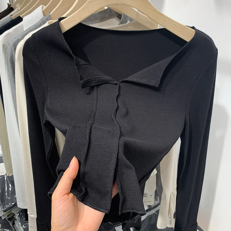 Ueong New Spring And Autumn Style Solid Color Semi-Open-Necked Blouse With Split Sleeves And Slimming Short Style With Bottom Shirt