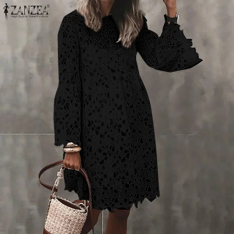 ZANZEA Fashion Women Lace Crochet Work Sundress 2PCS Spring Elegant Long Flare Sleeve Sundress Robe Femme Hollow Out Midi Dress