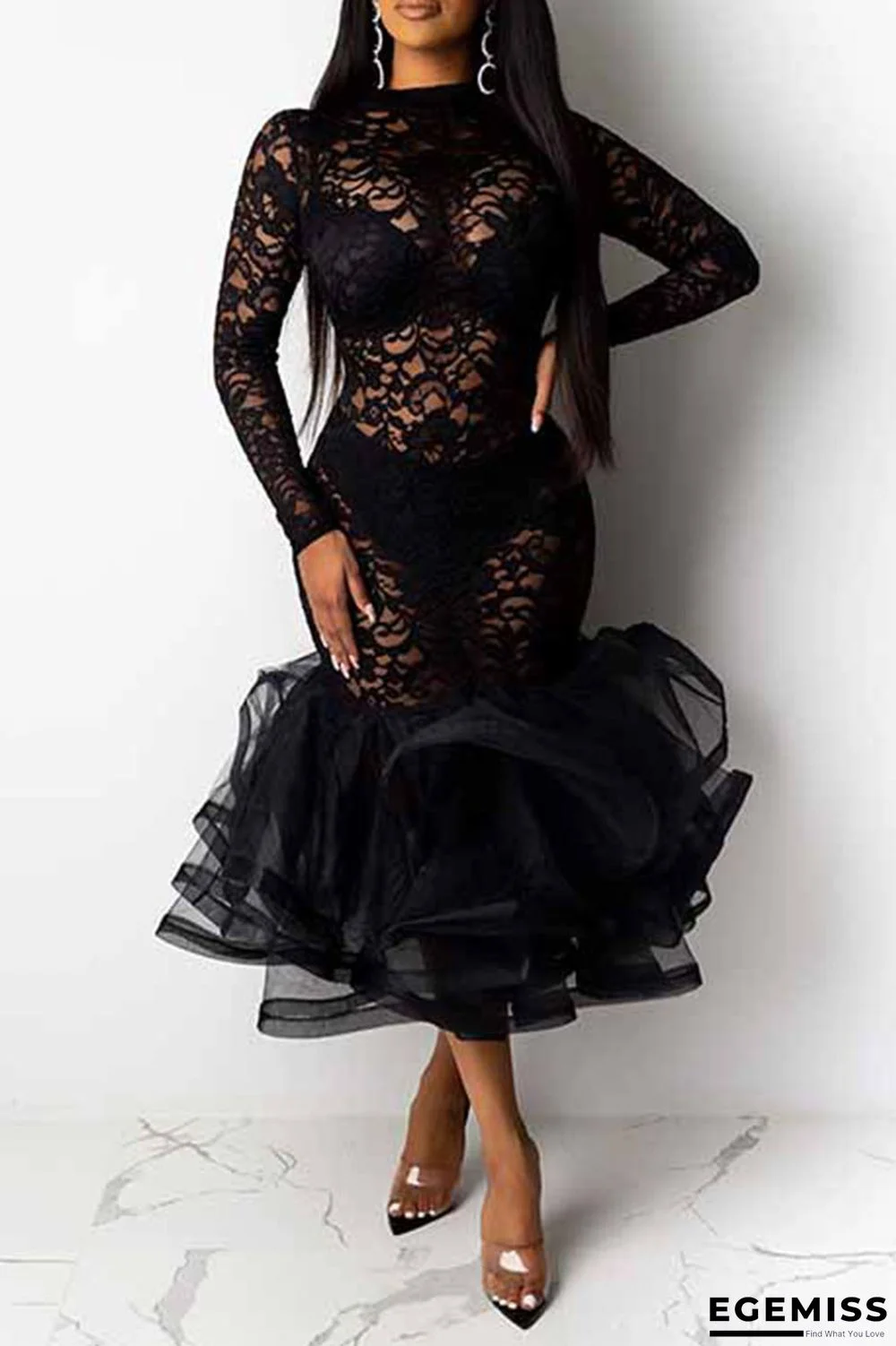 Black Sexy Solid Patchwork See-through O Neck Lace Dress Dresses | EGEMISS