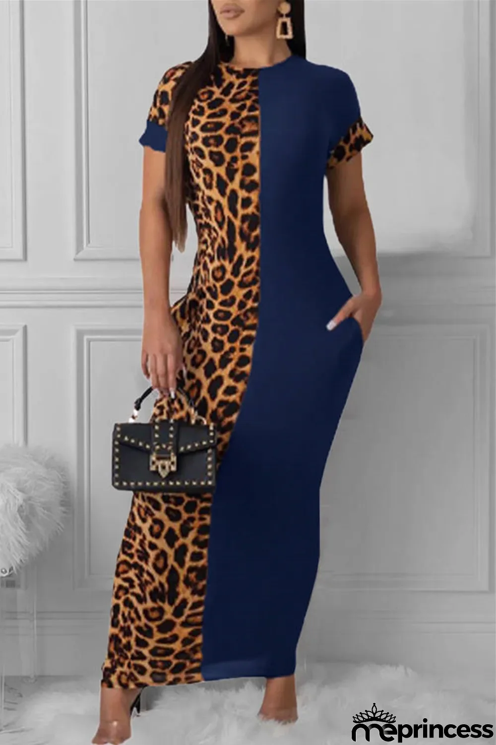 Tibetan Blue Fashion Casual Print Leopard Patchwork O Neck Short Sleeve Dress