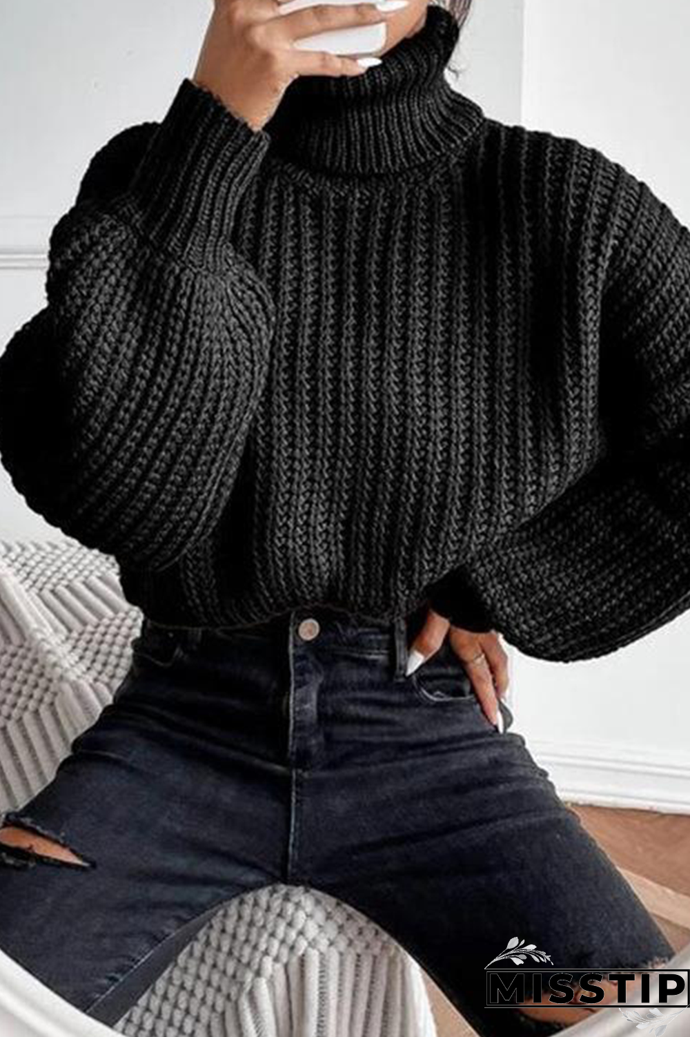 Black Street Solid Patchwork Turtleneck Tops