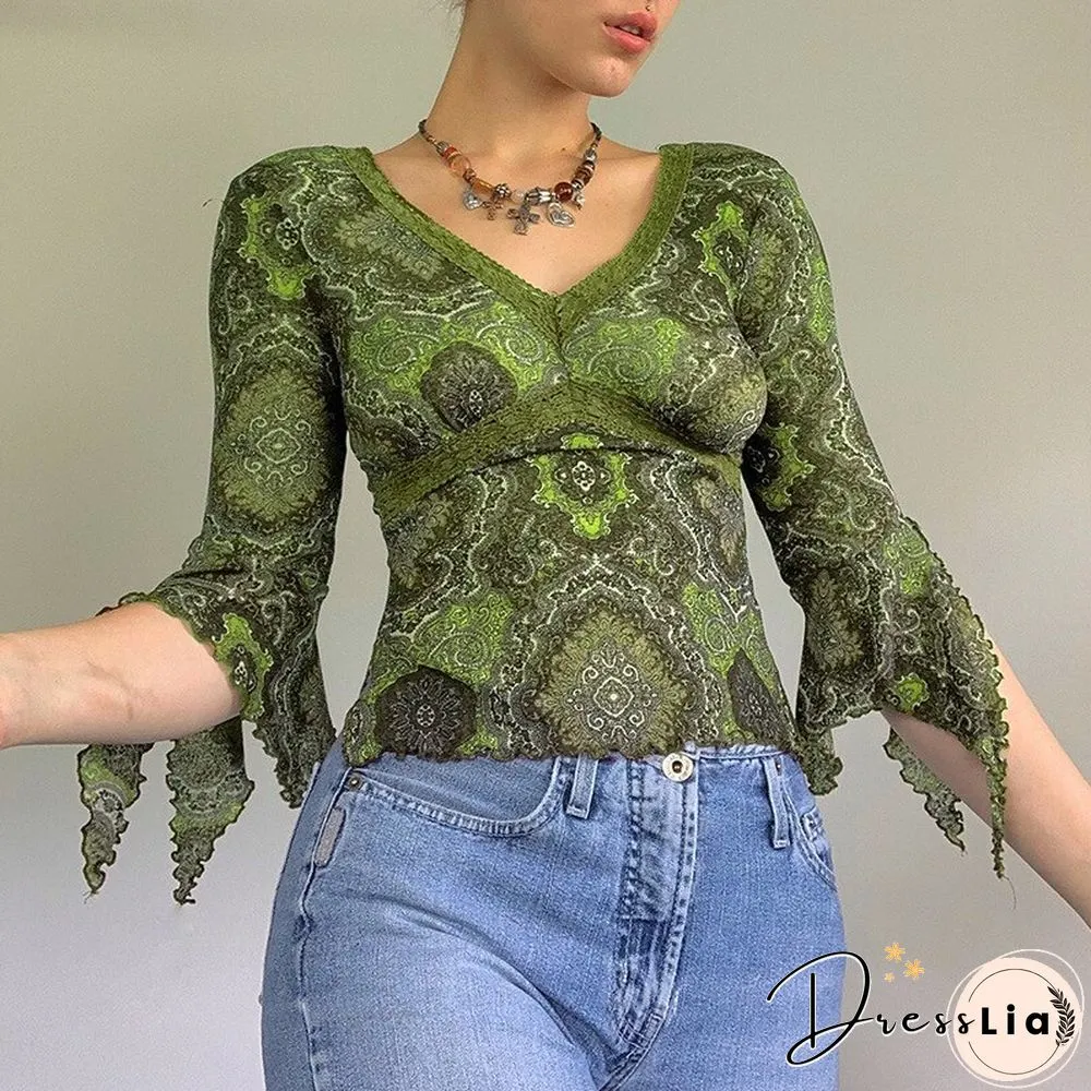 Autumn Lace Floral Mesh Tops Women Vintage Half Flare Sleeve Neck T-Shirts Female Elegant