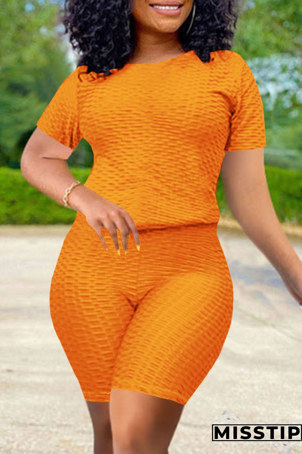 Fluorescent Red Fashion Casual Solid Basic O Neck Short Sleeve Two Pieces