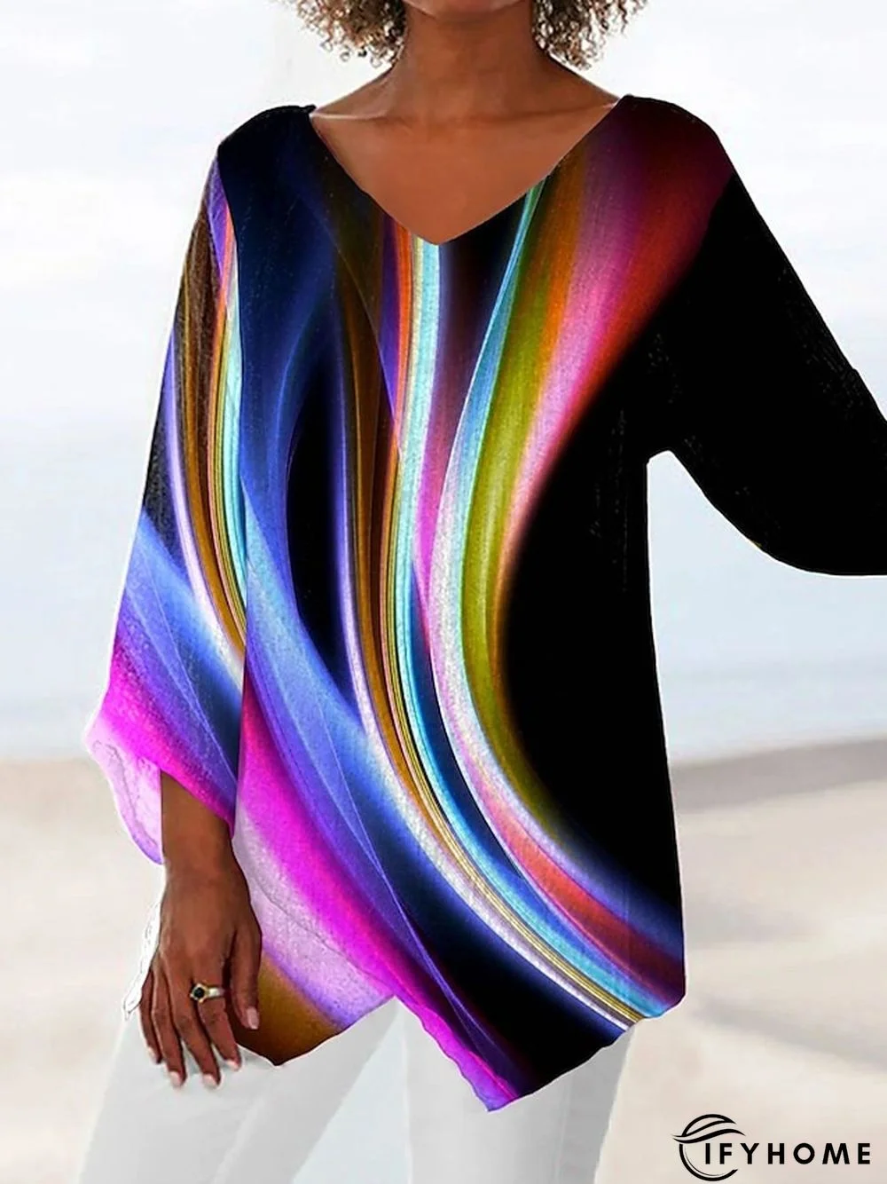 Women's Shirt Black Blue Purple Graphic Abstract Asymmetric Print Long Sleeve Casual Streetwear V Neck Long S | IFYHOME
