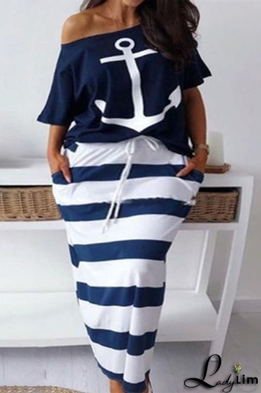 Deep Blue Fashion Casual Print Basic Oblique Collar Plus Size Two Pieces